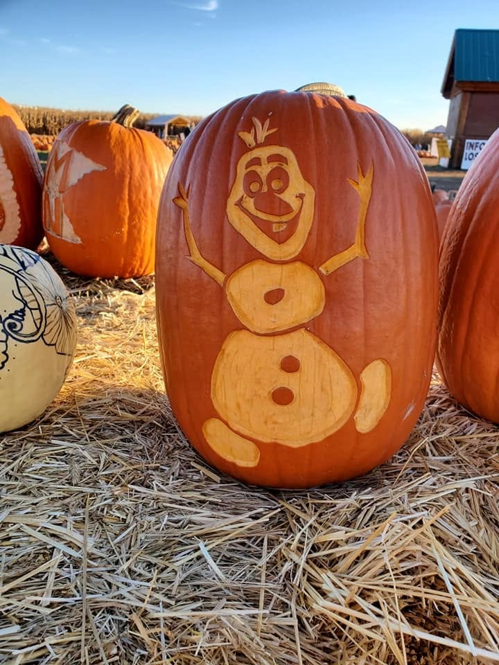 Carved snowman pumpkin at the Twin Cities Harvest Festival pumpkin patch